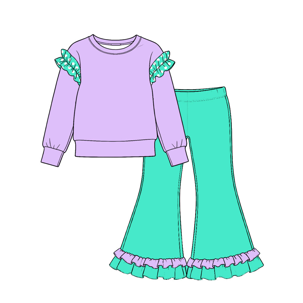 Preorder (moq 5) Baby Girl Clothes Polka Dot Ruffle Sleeve Solid Long Sleeve Ruffle Hem Flare Pant Set