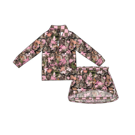 Preorder (moq 5) Girls Pink Camouflage Zip Top Skirts Outfits Sets