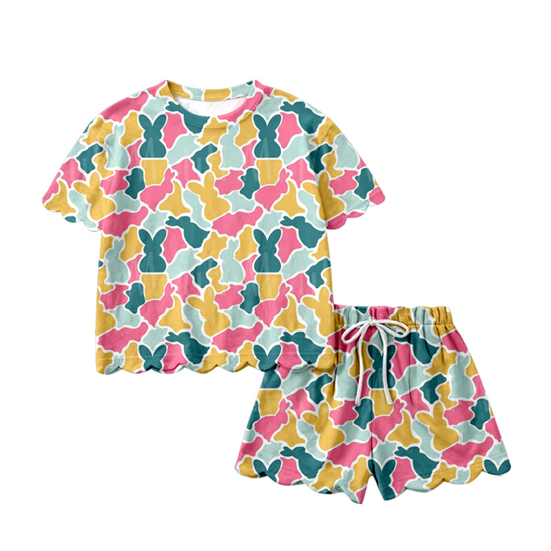 Preorder (moq 5)Baby Girls Colorful Rabbits Camo Top Scallop Shorts Easter Clothes Sets