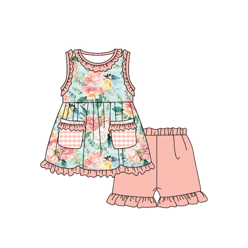 Baby Girls Pink Blue Flowers Pockets Top Ruffle Shorts Clothes Sets Preorder(moq 5)