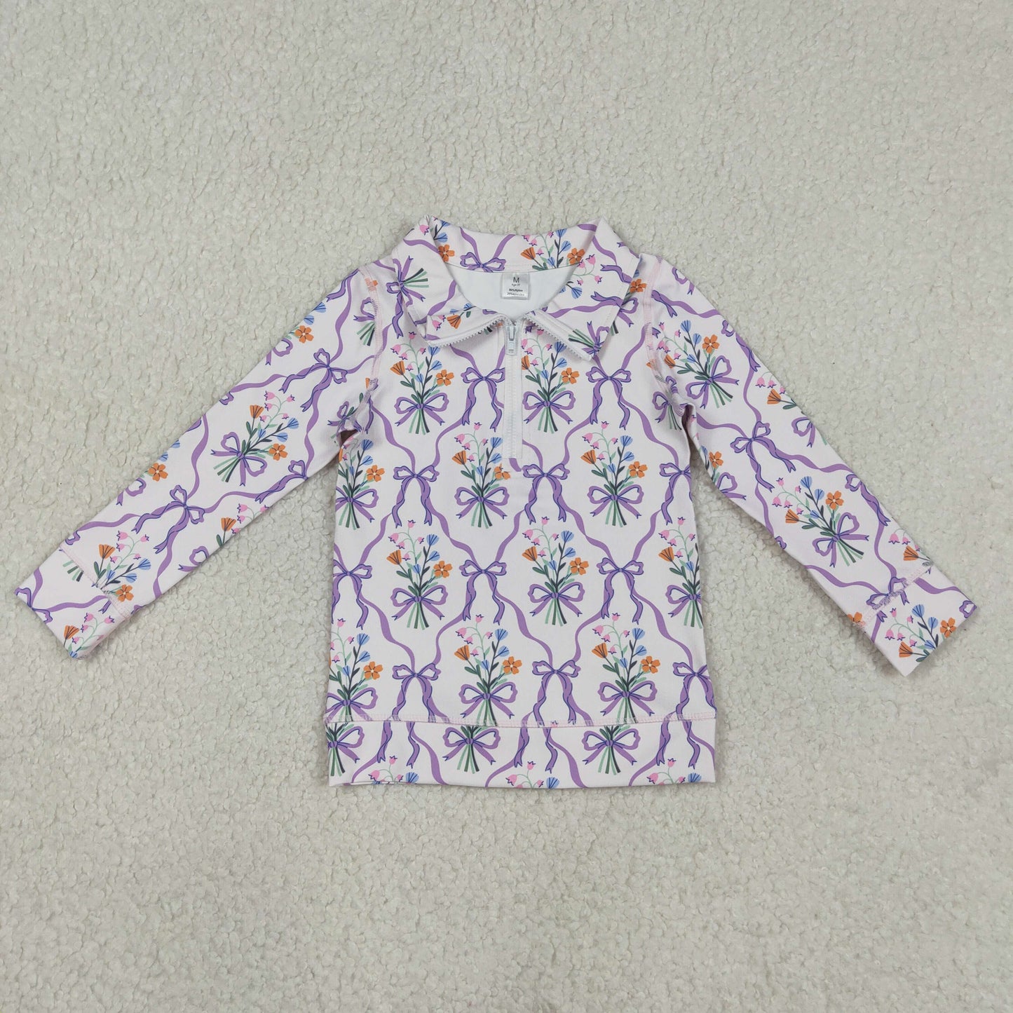 Baby Girls Purple Bows Flowers Checked Yoga Active Zipper Pullovers Top