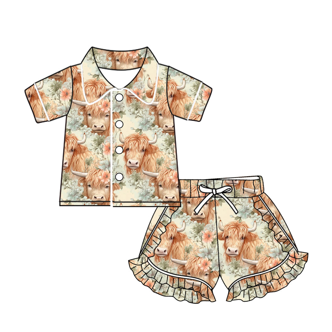 Baby Girls Western Highland Cow Flowers Buttons Top Ruffle Shorts Pajamas Sets preorder(MOQ 5)