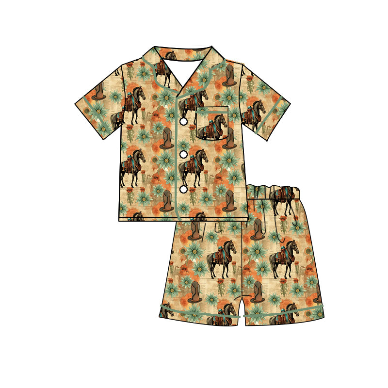 Baby Girls Short Sleeve Horse Flowers Buttons Shirt Shorts Pajamas Clothes Sets preorder(moq 5)