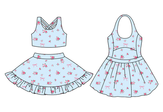 Preorder moq 5 Custom Baby Girls Pink Bows Flowers Top Ruffle Skirts Set Knee Length Dresses