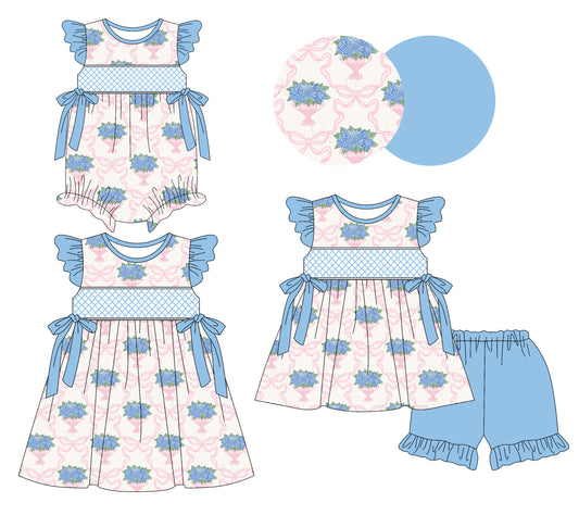 Preorder moq 5 Custom Baby Girls Blue Floral Bows Tunic Ruffle Short Set Knee Length Dress And Rompers