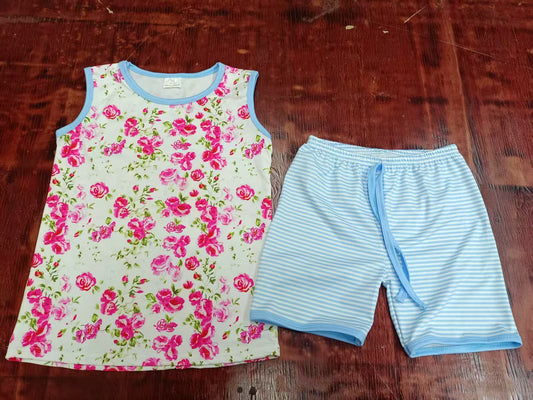 Preorder moq 5 Baby Girls Sleeveless Pink Floral Top Blue Stripe Short Set