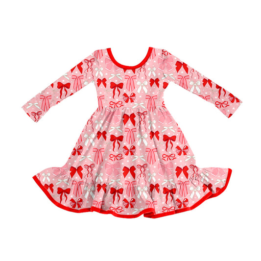 Preorder (moq 5)Baby Girls Red Bows Ruffle Long Sleeves Knee Length Dresses