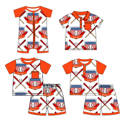 Preorder moq 5 Custom Baby Boys Orange Short Sleeves Baseballs Flags Top Short Pajamas 4th Of July Set Polo Shirts And Zipper Rompers