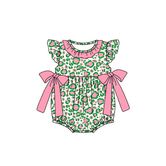 Baby Infant Girls Green Pink Flutter Sleeve Bows Rompers preorder(moq 5)