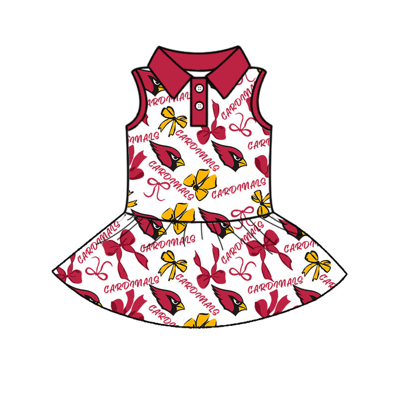 Preorder (moq 5)Baby Girls Red Sleeveless Button Birds Bows Shorts Team Knee Length Dresses