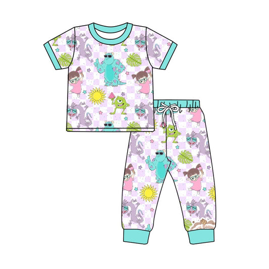 Baby Girls Blue Monster Shirt Pants Pajamas Clothes Sets Preorder(moq 5)