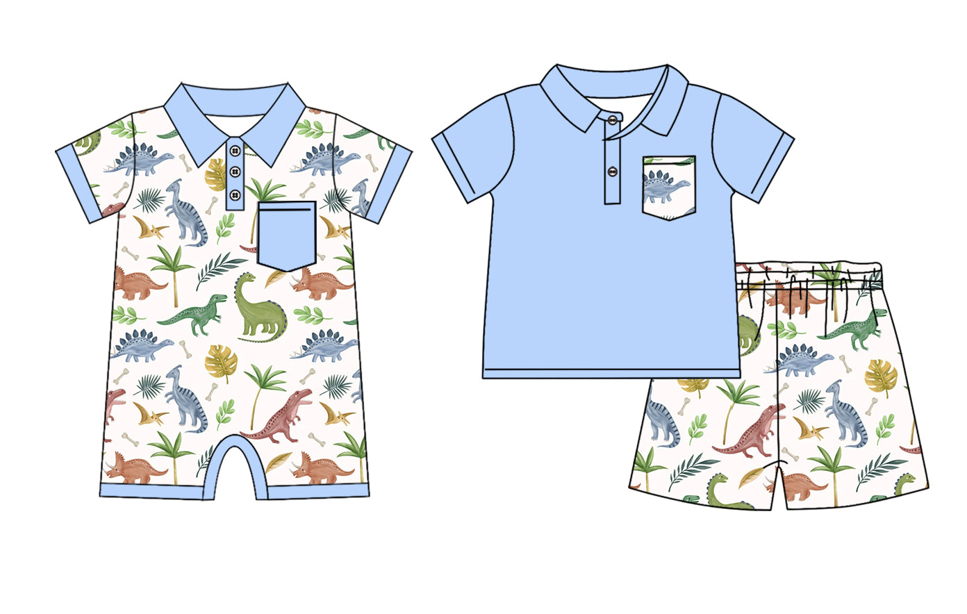 Preorder moq 5 Custom Baby Boys Blue Short Sleeves Dinosaurs Button Pocket Top Short Set Romper