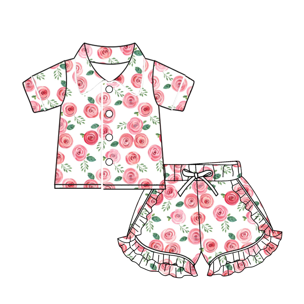 Baby Girls Red Small Flowers Buttons Top Ruffle Shorts Pajamas Sets preorder(MOQ 5)