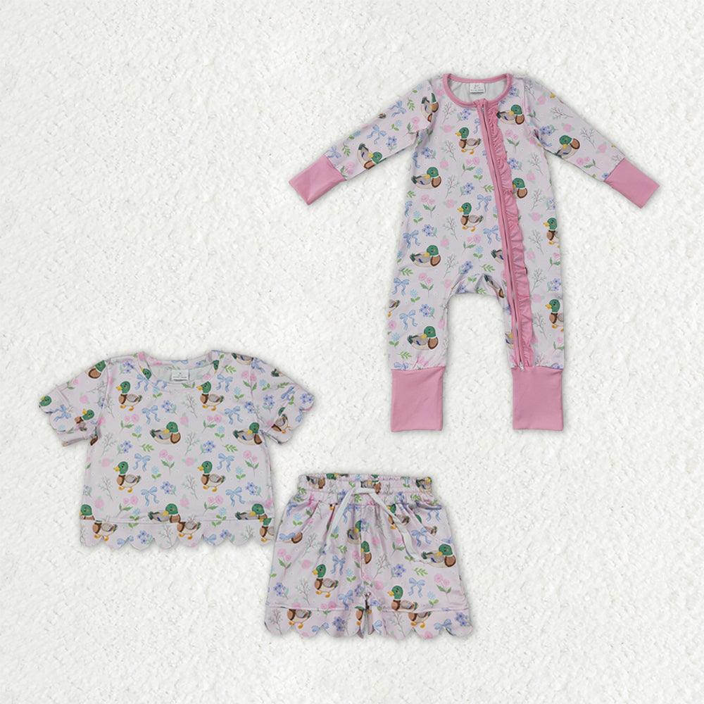 Sibling Baby Girls Flowers Ducks Top Pockets Short Scallop Clothes Set Ruffle Zip Rompers