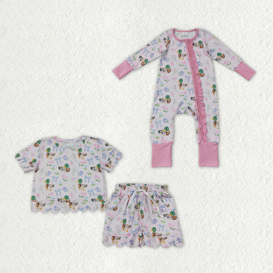 Sibling Baby Girls Flowers Ducks Top Pockets Short Scallop Clothes Set Ruffle Zip Rompers