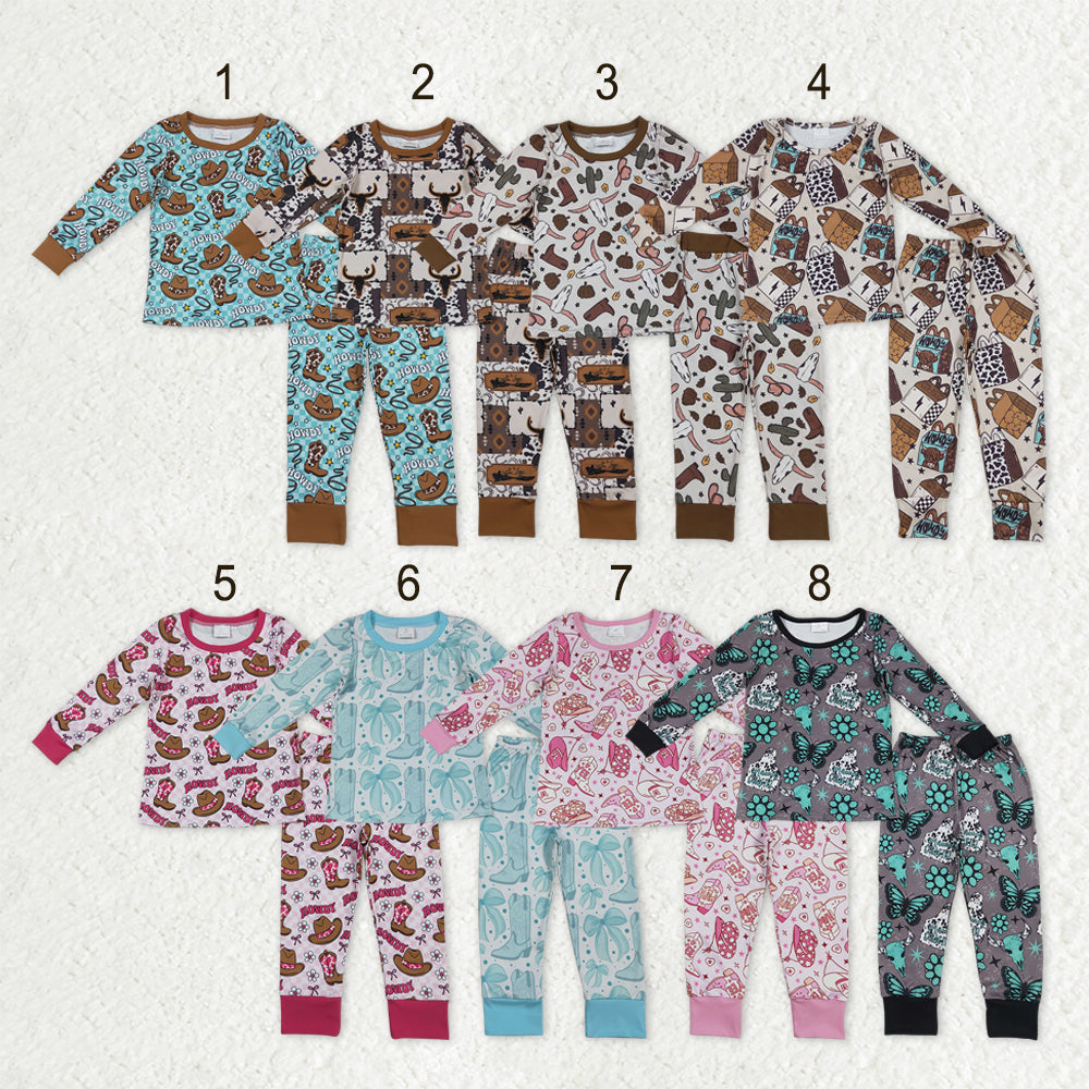 Sibling Baby Boys Girls Long Sleeve Bull Skulls Boots Hats Top Pants Western Pajamas Sets