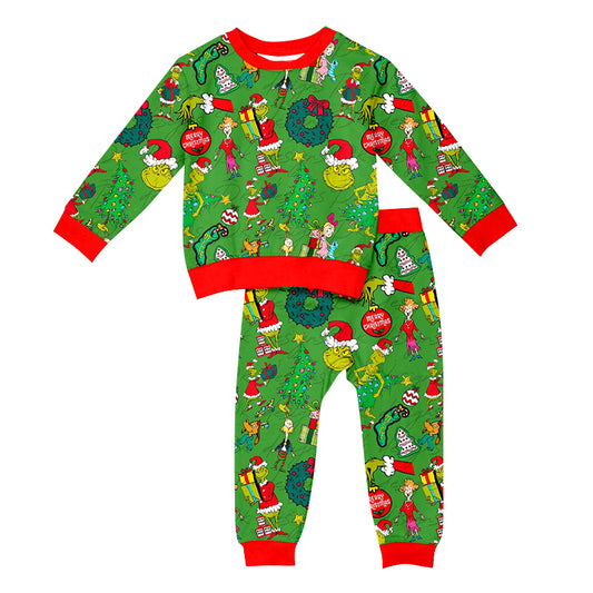 Baby Boys Christmas Family Green Face Top Pants Pajamas Clothes Sets Preorder(moq 5)