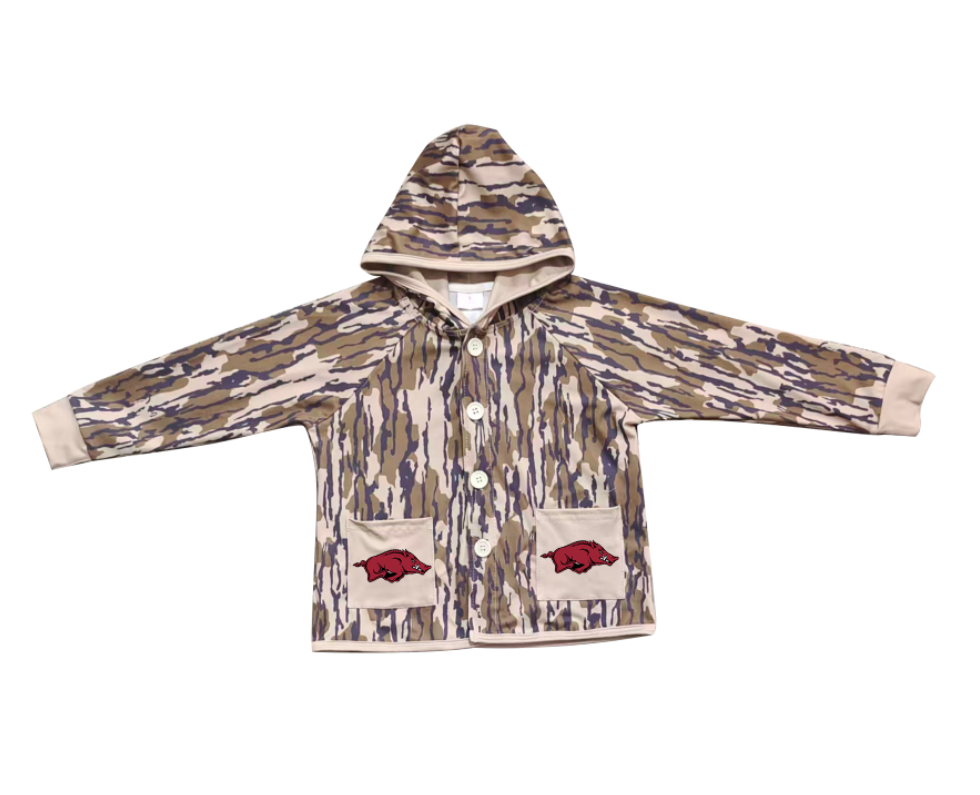 Preorder (moq 5)Baby Boys Olive Camo Red Bulls Pockets Team Button Hoodie Jackets Top