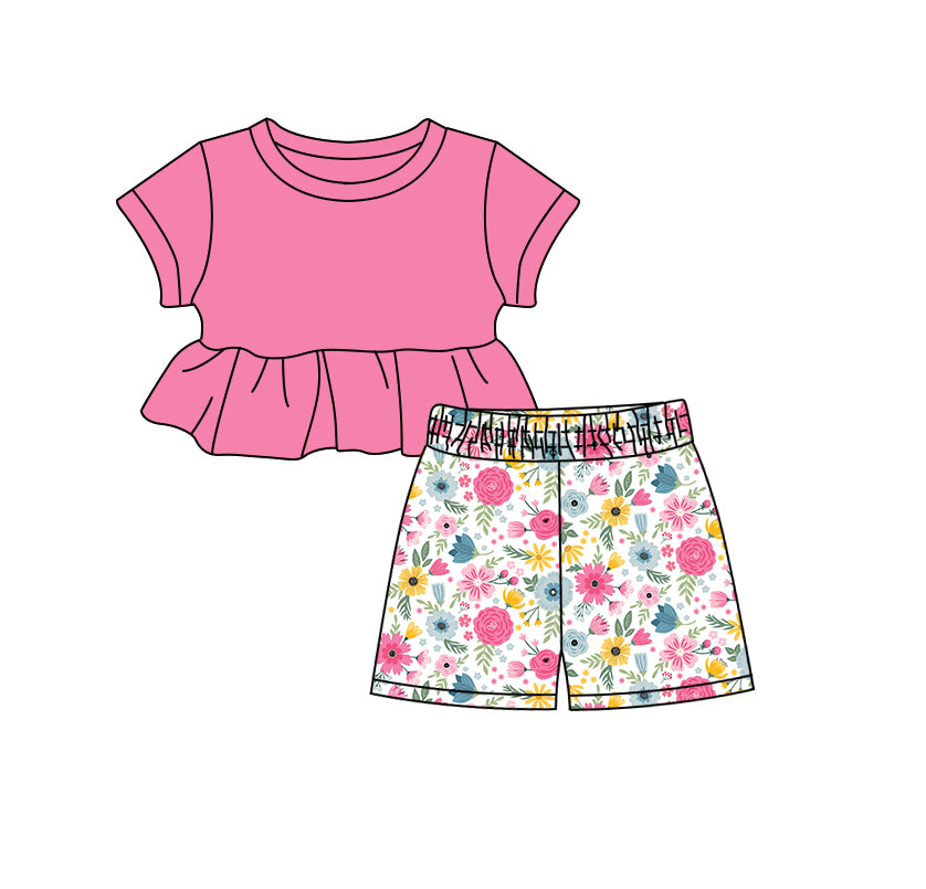 Preorder (moq 5)Baby Girls Hotpink Top Flowers Shorts Clothes Sets