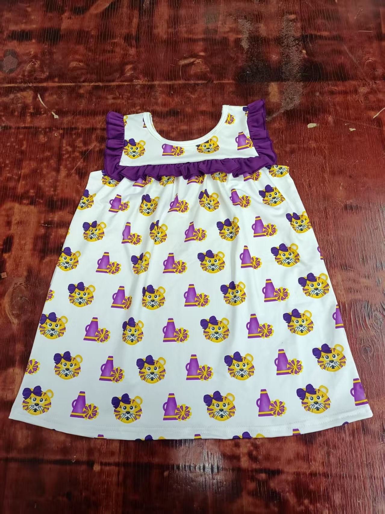 Preorder moq 5 Baby Girls Purple Sleeveless Tigers Cheer Knee Length Dress