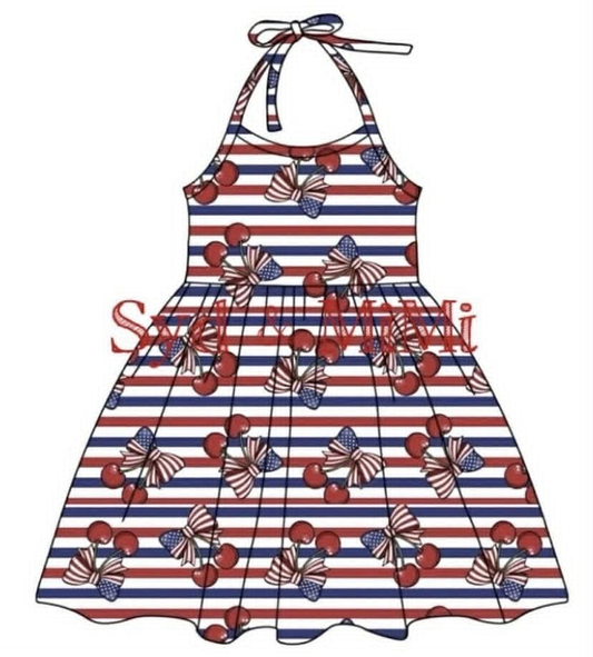 Preorder moq 5 Baby Girls Strap Red Blue Stripe Cherry 4th of July Knee Length Dresses