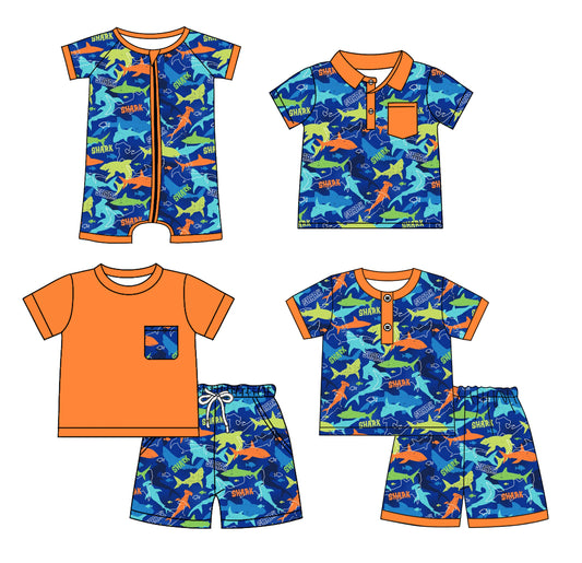 Preorder moq 5 Custom Baby Boys Orange Blue Short Sleeves Button Pocket Sharks Top Short Set Polo Shirts And Rompers