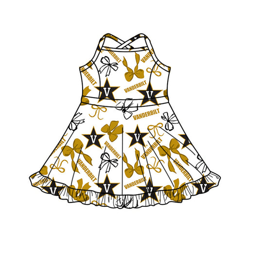 Preorder (moq 5)Baby Girls Strap Bows Vanderbilt Team Shorts Ruffle Knee Length Dress