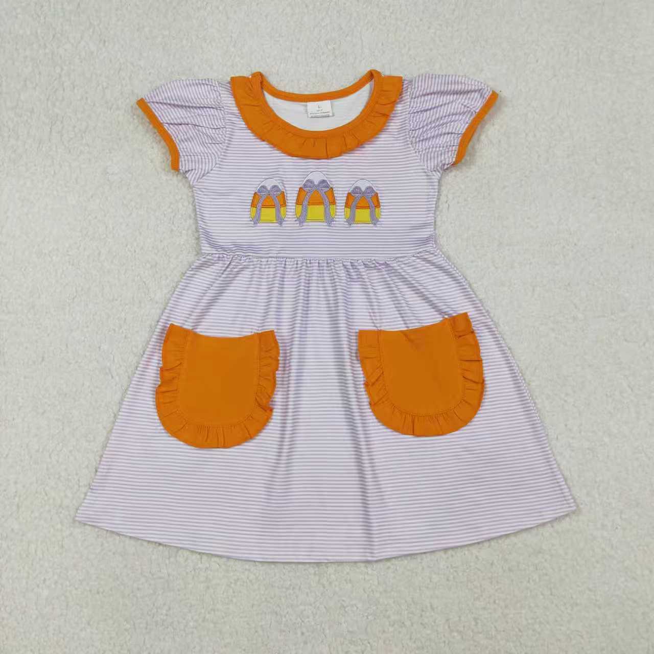 Sibling Baby Girls Embroidery Bows Candy Stripe Pockets Halloween Knee Length Dresses Rompers