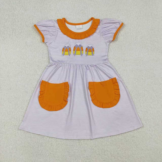 Sibling Baby Girls Embroidery Bows Candy Stripe Pockets Halloween Knee Length Dresses Rompers