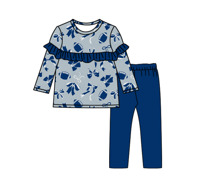 Baby Girls Football Blue Bow Tunic Tee Shirt Top Pants Clothes Sets Preorder(moq 5)