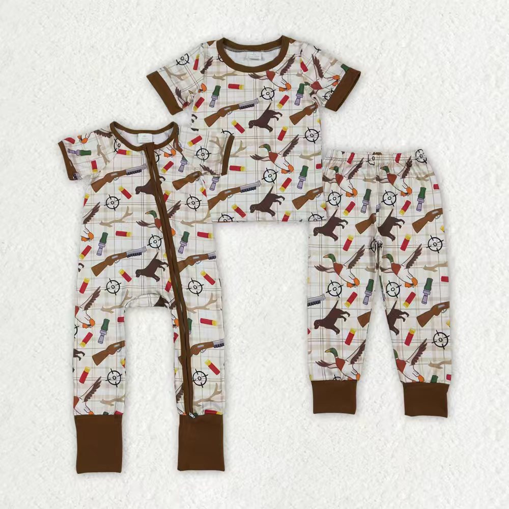Sibling Baby Boys Dogs Ducks Checked Pants Hunting Pajamas Set Zipper Rompers