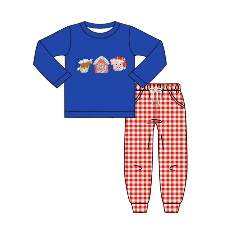 Preorder (moq 5)Baby Boys Christmas Farm House Pigs Top Pockets Jogger Pants Clothes Sets