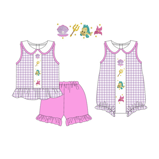 Preorder moq 5 Custom Baby Girls Pink Plaid Sleeveless Fish Shell Tunic Ruffle Short Set Rompers