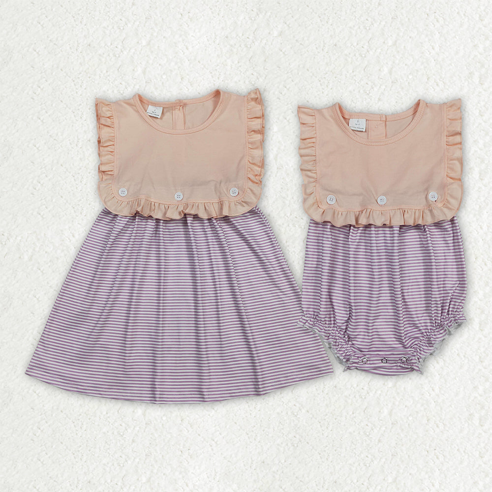 Sibling Baby Girls Sleeveless Purple Stripe 2 Pieces Knee Length Dress Rompers