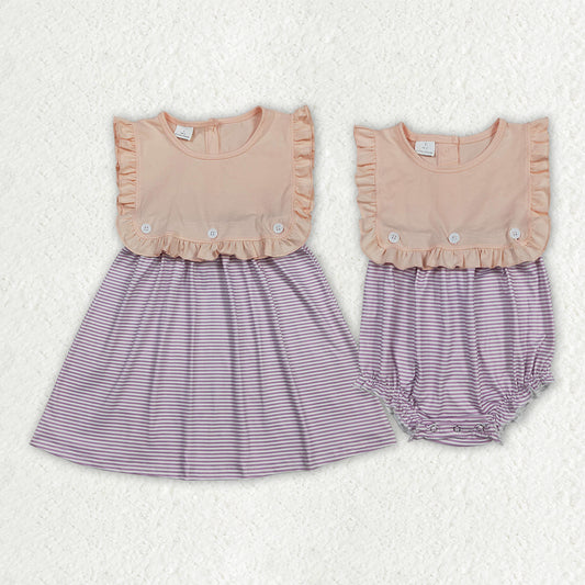 Sibling Baby Girls Sleeveless Purple Stripe 2 Pieces Knee Length Dress Rompers