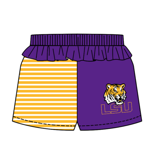 Preorder (moq 5)Baby Girls Orange Stripe LSU Tiger Team Ruffle Shorts Bottom