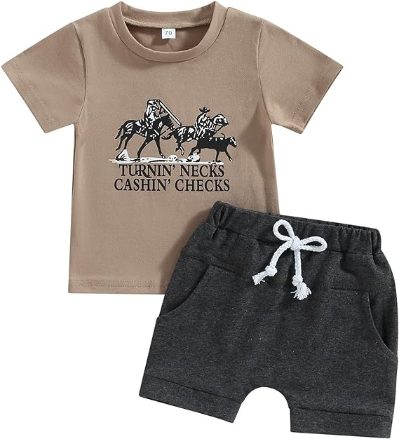 Baby Boys Brown Rodeo Shirt Black Shorts Clothes Sets preorder (moq 5)