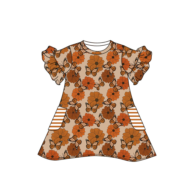 Baby Girls Brown Tunic Butterfly Flowers Pockets Knee Length Dresses Preorder(moq 5)