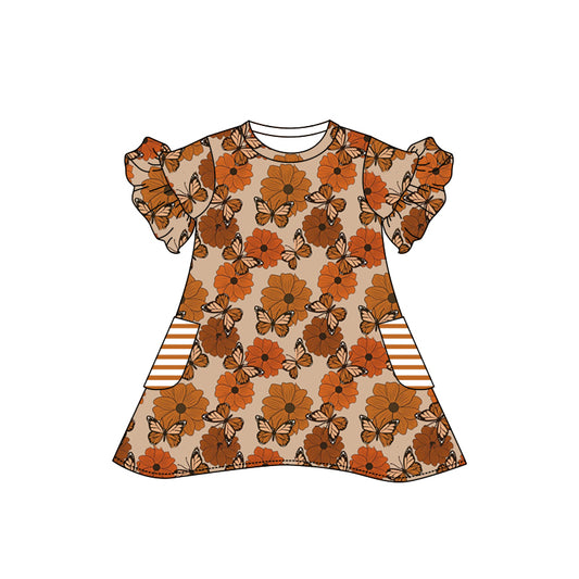 Baby Girls Brown Tunic Butterfly Flowers Pockets Knee Length Dresses Preorder(moq 5)