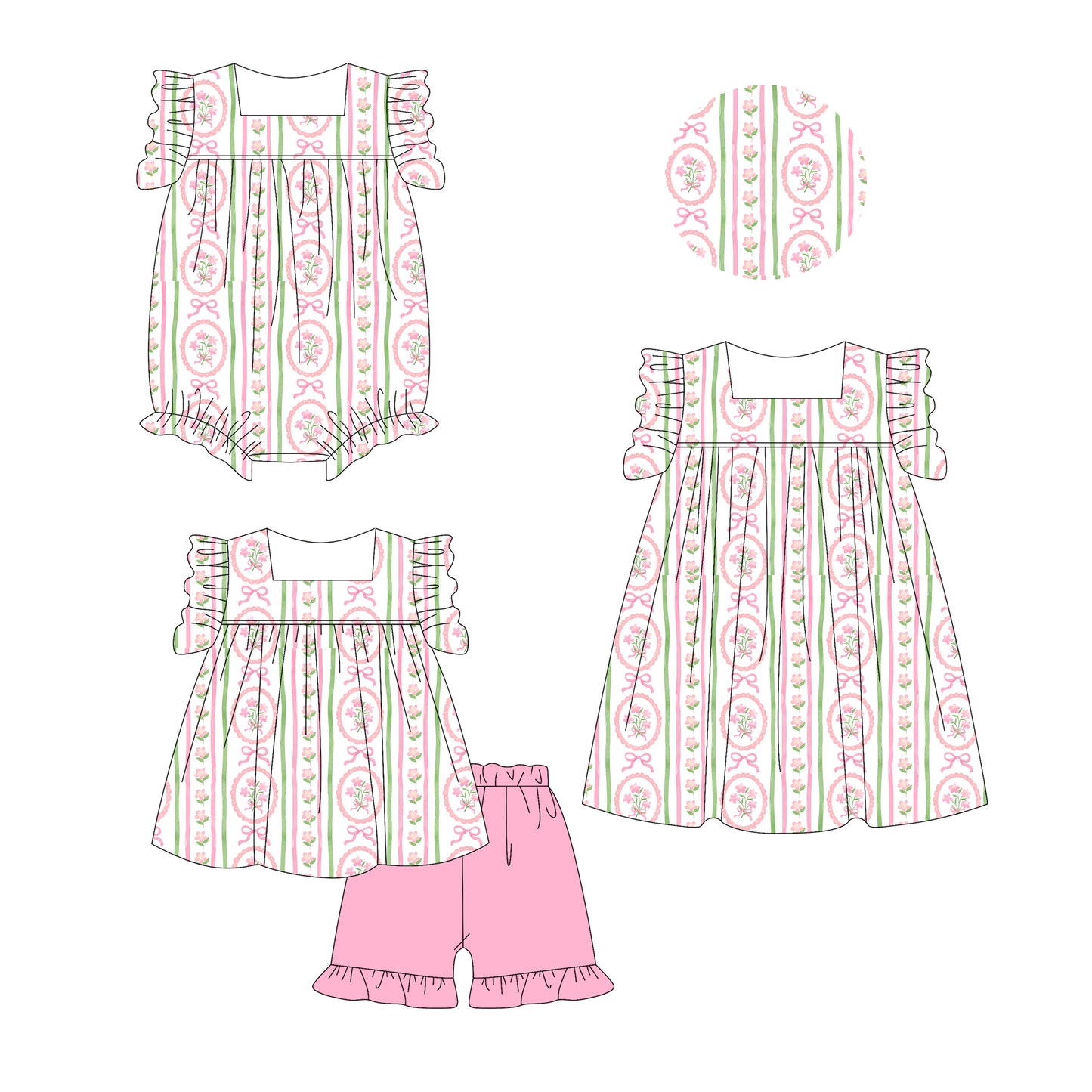 Preorder moq 5 Custom Baby Girls Sleeveless Pink Floral Stripe Tunic Ruffle Short Set Dress And Rompers