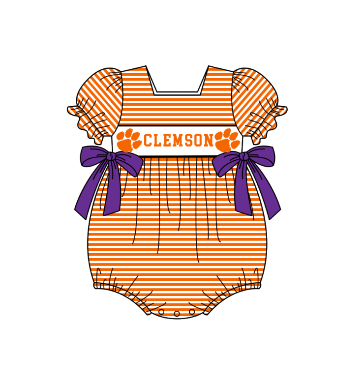 Preorder (moq 5)Baby Girls Short Sleeve Orange Stripe Clemson Team Ruffle Rompers