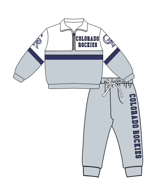 Preorder (moq 5)Baby Boys Grey Colobado Bockies Zipper Pullover Jogger Pants Team Clothes Set