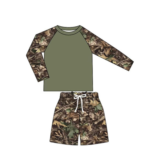 Preorder (moq 5)Baby Girls Long Sleeve Southern Leaves Camo Top Shorts Swimsuits Clothes Set