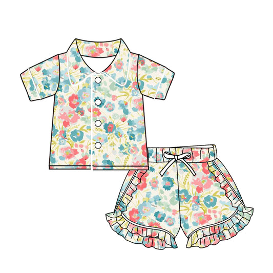 Baby Girls Water Flowers Buttons Top Ruffle Shorts Pajamas Sets preorder(MOQ 5)