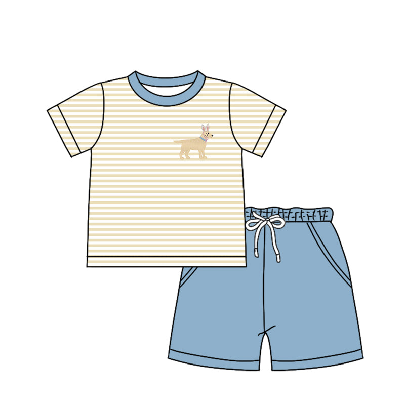 Preorder (moq 5)Baby Boys Stripes Dog Shirts Pockets Shorts Clothes Sets
