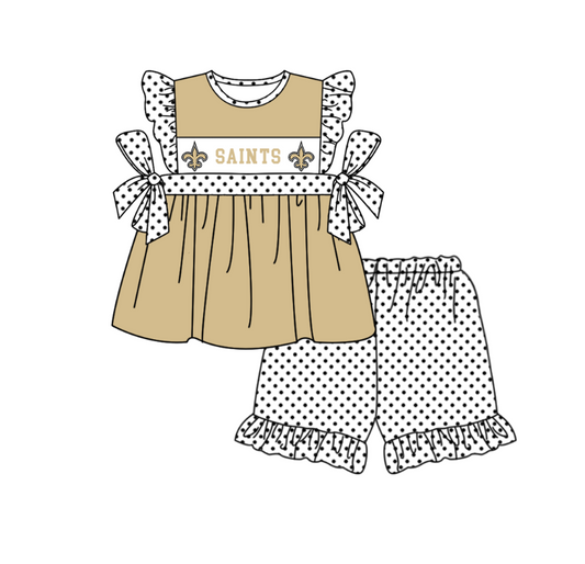 Preorder (moq 5)Baby Girls Flutter Sleeve Saints Tunic Polka Dots Ruffle Shorts Team Clothes Sets