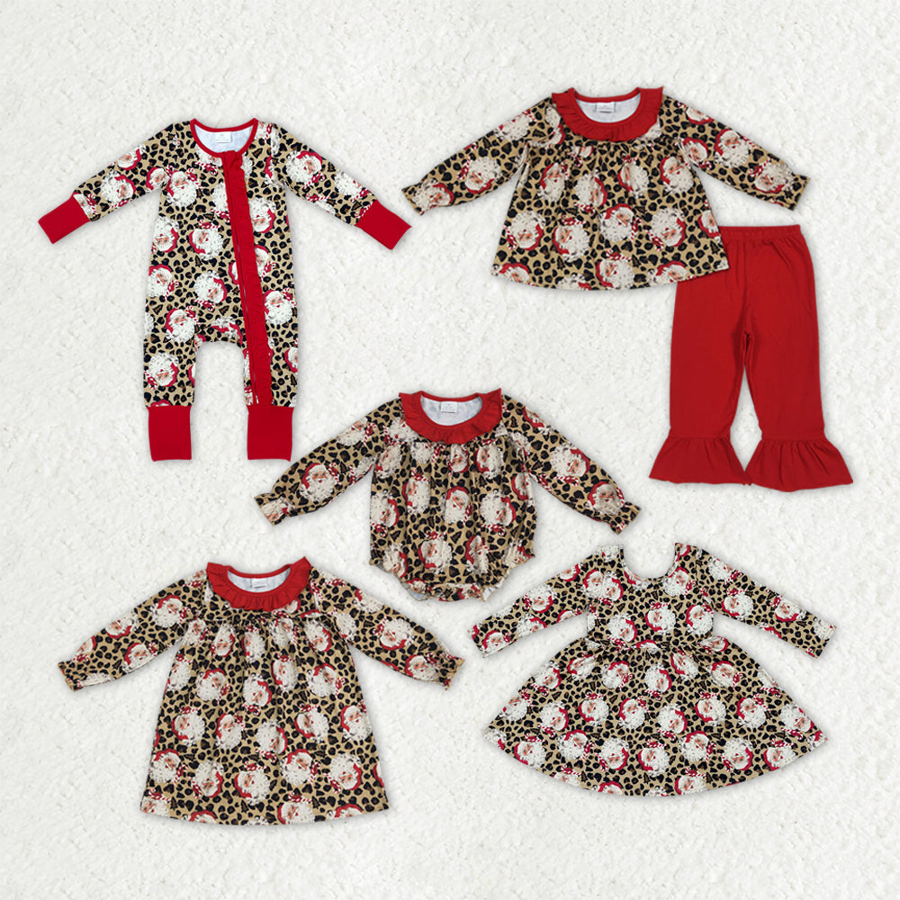 Sibling Baby Girls Christmas Leopard Santa Rompers Dresses Outfits
