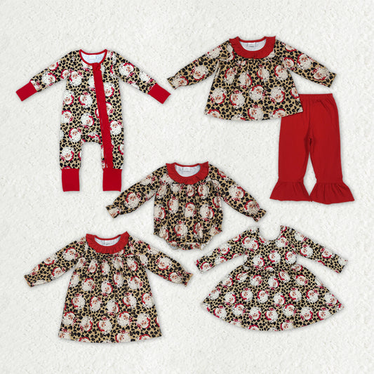 Sibling Baby Girls Christmas Leopard Santa Rompers Dresses Outfits