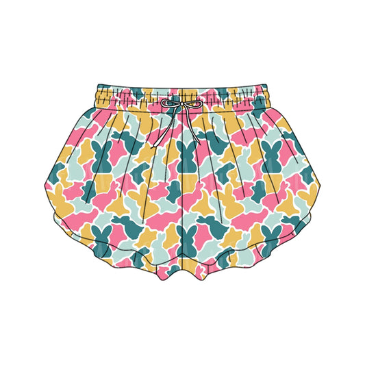 Preorder moq 5 Adult Women Colorful Rabbits Camo Easter Ruffle Shorts Bottom