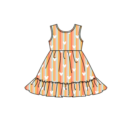 Baby Girls Orange Stripes Cartoon Sleeveless Knee Length Dresses Preorder(moq 5)